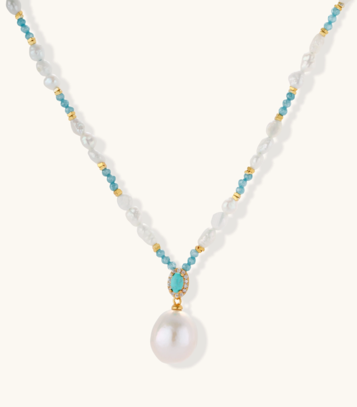 Beaded necklace with baroque pearls, turquoise stones, and gold accents featuring a large pearl pendant on white background.