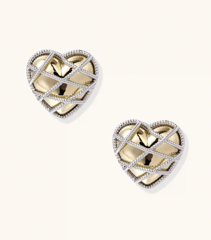 Heart-shaped stud earrings with intricate lattice design in 18K gold plated brass and silver-tone metal.